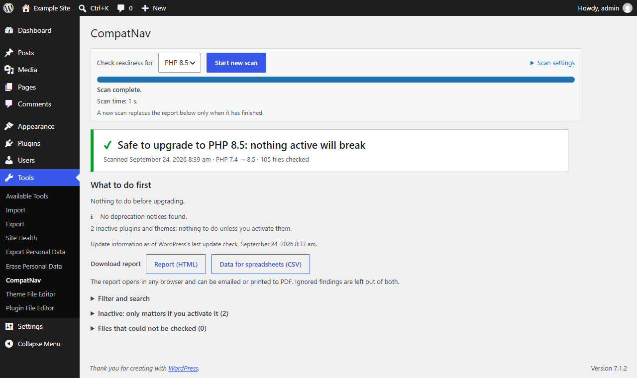The verdict “Safe to upgrade to PHP 8.5: nothing active will break”.